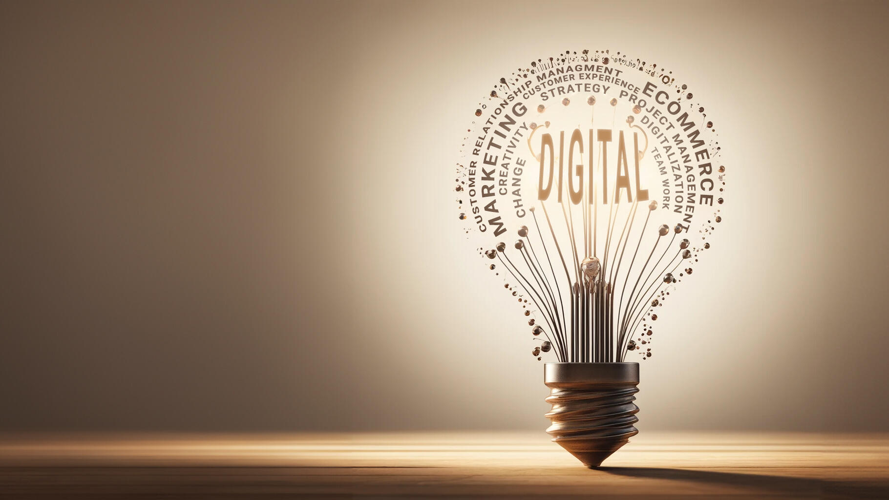 A marketing-themed light bulb glows with words like e-commerce, marketing, CRM, and digitalization.